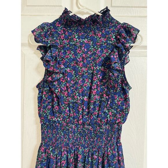 Lulus Evalina Navy Blue Floral Print Mock Neck Midi Dress, Size XS - Picture 5 of 13